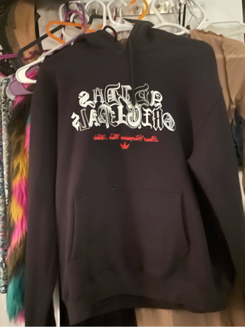 adidas Originals Black Hoodie with White Graffiti Logo and Red Accent